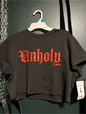 Unholy Black Crop Tee with Red Gothic Logo